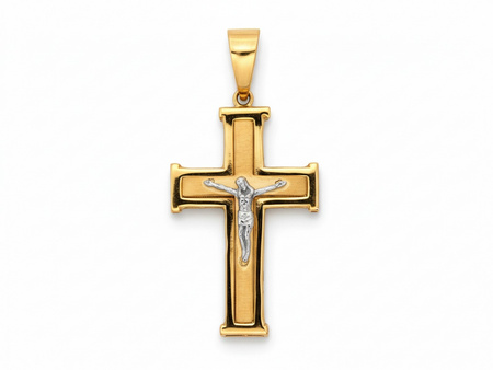 Złota zawieszka krzyżyk z Jezusem rodowany białym złotem