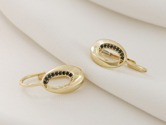 Kolczyki złote owalne z czarnymi cyrkoniami angielskie zapięcie