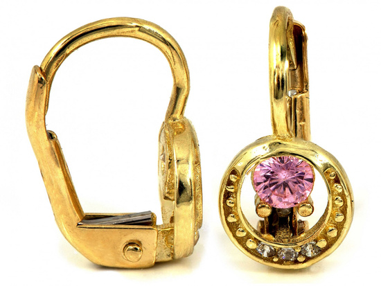 Kolczyki złote angielskie z różowym kamieniem