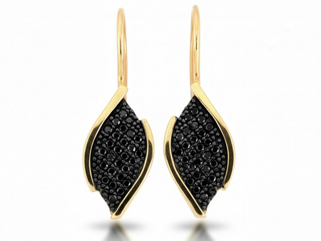 Kolczyki złote na biglu romby z czarnymi cyrkoniami z czarnym rombem