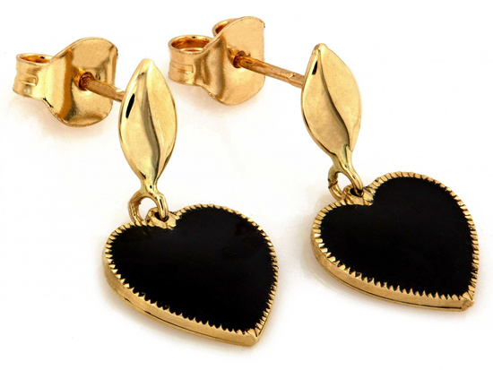 Kolczyki złote czarne wiszące serce na sztyfcie