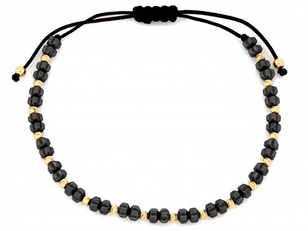 Bransoletka złota z kulkami i hematytami czarna sznurkowa