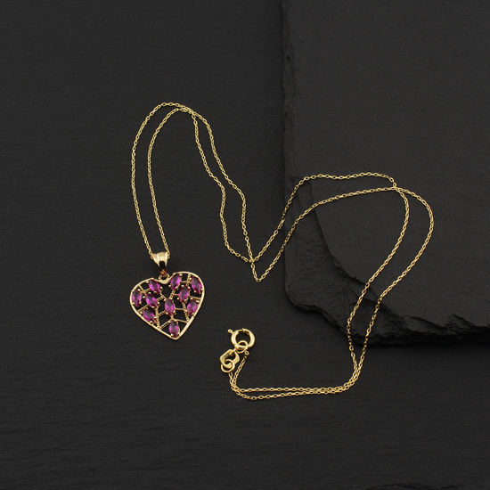 Złoty naszyjnik 585 - serce z rubinowymi cyrkoniami