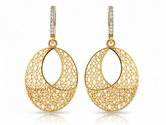 Kolczyki złote duże owalne ażurowe z cyrkoniami przestrzenne