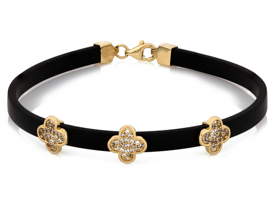 Bransoletka złota kwiatki z cyrkoniami na czarnym pasku
