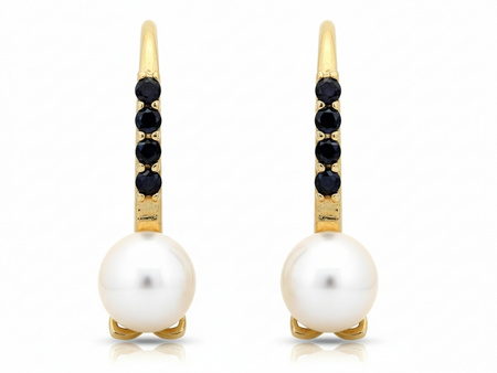 Złote kolczyki angielskie z perłą i czarnymi cyrkoniami