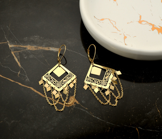 Złote kolczyki 585 - wiszące ażurowe z łańcuszkami