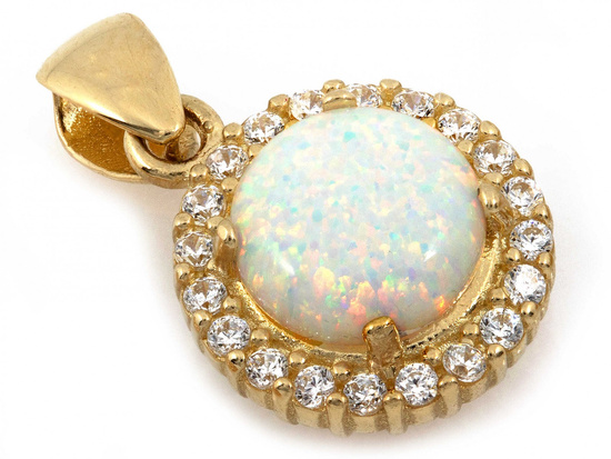 Zawieszka złota okrągła opal w oprawie z cyrkonii
