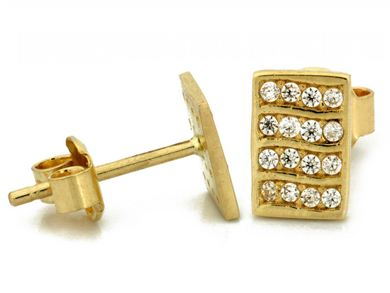 Kolczyki złote prostokątne z cyrkoniami na sztyfcie
