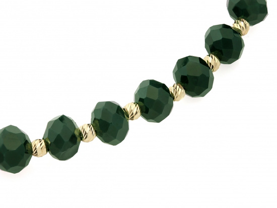 Bransoletka złote kulki i zielone kamienie na zielonym sznurku