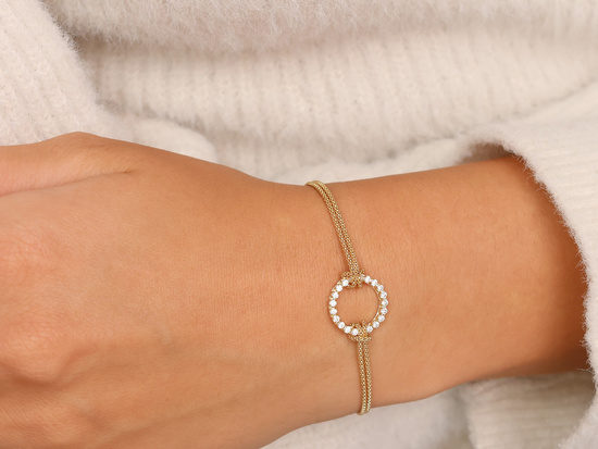 Złota bransoletka podwójny łańcuszek obręcz z cyrkoniami