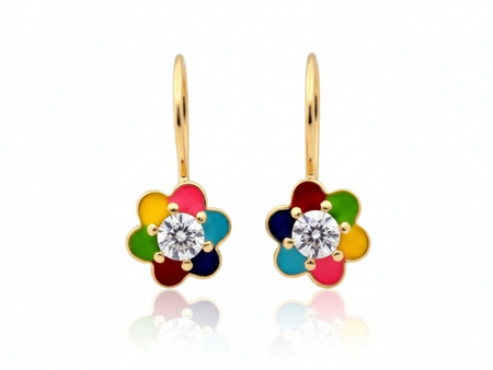 Złote kolczyki na biglu dla dziewczynki kolorowe z emalią