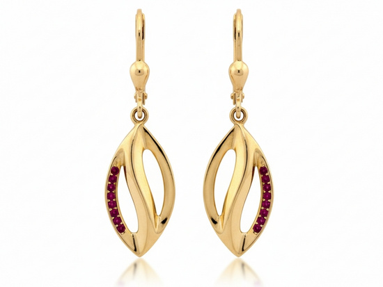 Złote kolczyki wiszące z czerwonymi cyrkoniami 