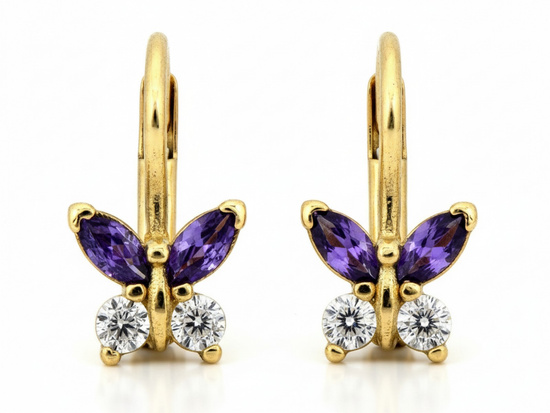 Kolczyki złote angielskie z motylkiem z fioletowymi cyrkoniami