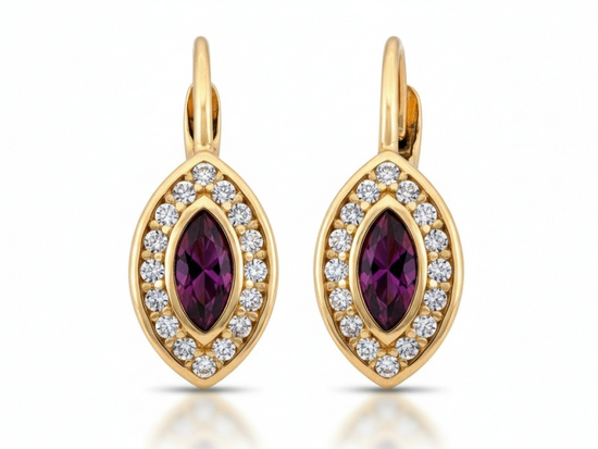 Kolczyki złote angielskie z cyrkoniami z czerwonym oczkiem