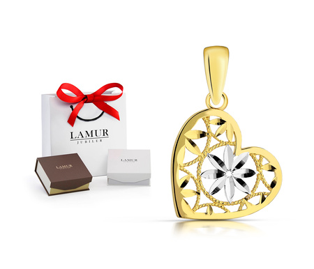 Złota zawieszka 375 - ażurowe serce z kwiatem