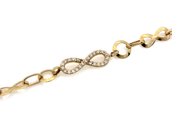 Bransoletka złota elementowa z nieskończonością z cyrkoniami