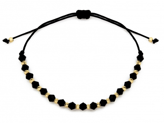 Bransoletka złote kulki i onyksy na czarnym sznurku