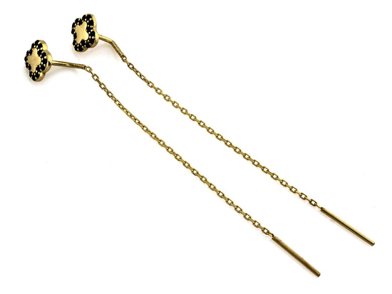 Złote kolczyki przeciągane kwiatki z czarnymi cyrkoniami