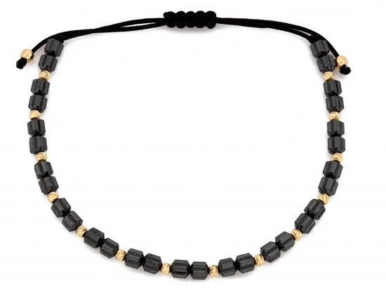 Bransoletka hematyty i złote kulki na czarnym sznurku