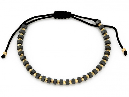 Bransoletka złote kulki i hematyty na czarnym sznurku