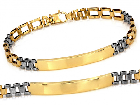 Bransoletka złota z dwukolorowych elementów z blaszką pod grawer