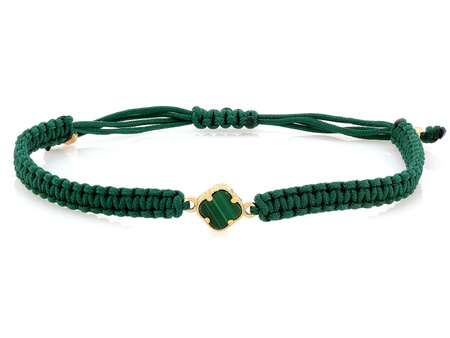 Bransoletka złota koniczynka marokańska z malachitem na zielonym sznurku