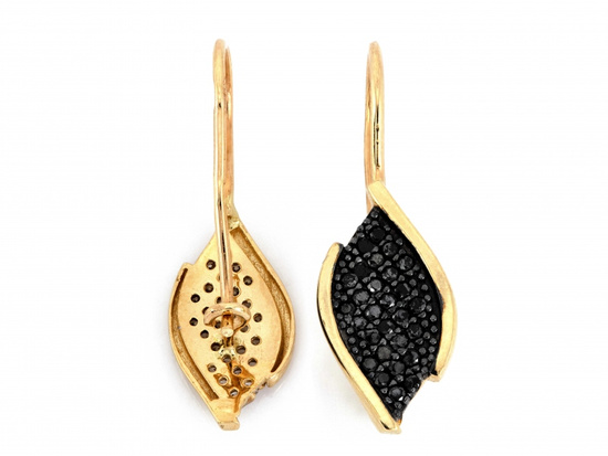 Kolczyki złote na biglu romby z czarnymi cyrkoniami z czarnym rombem