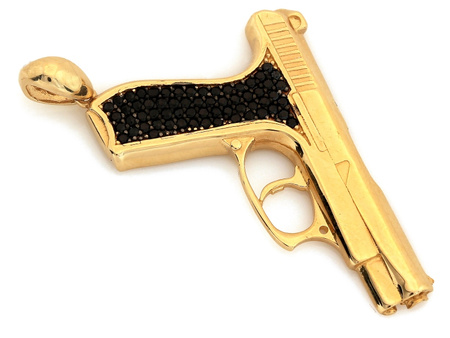 Zawieszka złota wisiorek pistolet z czarnymi cyrkoniami