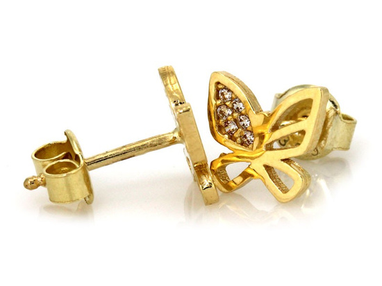 Złote kolczyki motyle motylki na sztyfcie z cyrkoniami