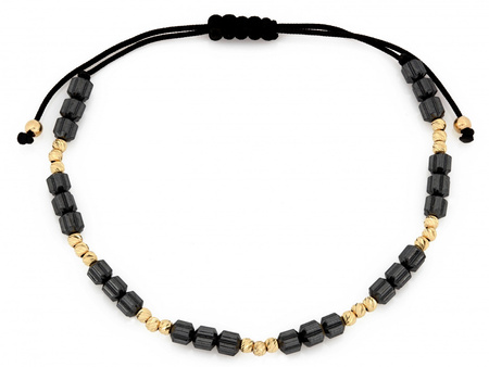 Bransoletka złote kulki i walcowate hematyty na czarnym sznurku