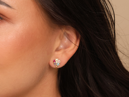 Kolczyki złote angielskie błyszczące kwiatki z kolorowymi cyrkoniami