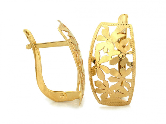 Kolczyki złote angielskie ażurowe błyszczące w kwiatki