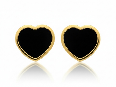 Kolczyki złote serca na sztyfcie z czarnym kamieniem