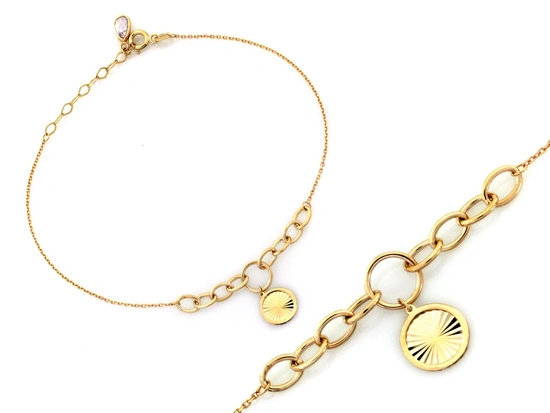 Złota bransoletka wstawka z dużych ogniw z okrągłą zawieszką