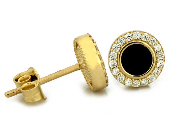 Kolczyki złote na sztyfcie okrągłe z onyksem i cyrkoniami
