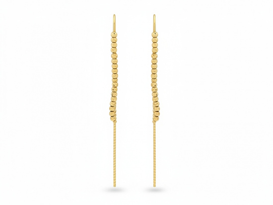 Kolczyki złote długie przewlekane z błyszczącymi kuleczkami