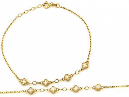 Bransoletka złota łańcuszkowa małe kwiatki z masą perłową