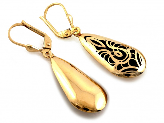 Kolczyki złote wiszące sztywne dmuchane z czarną emalią