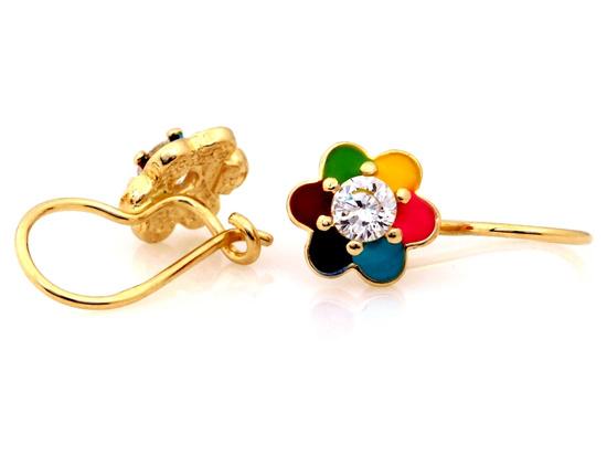 Złote kolczyki na biglu dla dziewczynki kolorowe z emalią