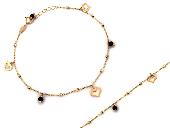 Złota bransoletka delikatna łańcuszkowa z sercami i czarnymi kamieniami