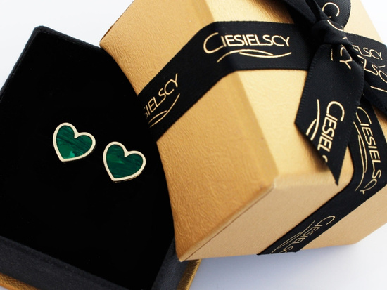 Kolczyki złote zielone serce z malachitem