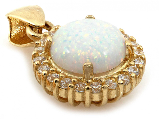 Zawieszka złota okrągła opal w oprawie z cyrkonii