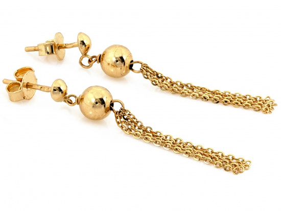 Kolczyki złote długie wiszące z kulkami i łańcuszkami