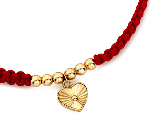 Bransoletka złota serce i kulki na czerwonym sznurku