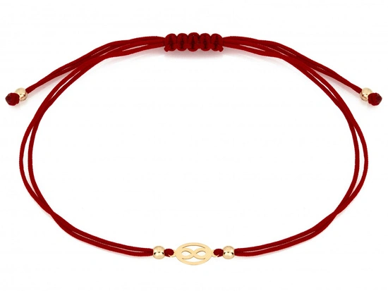Bransoletka złota delikatna nieskończoność na czerwonym sznurku