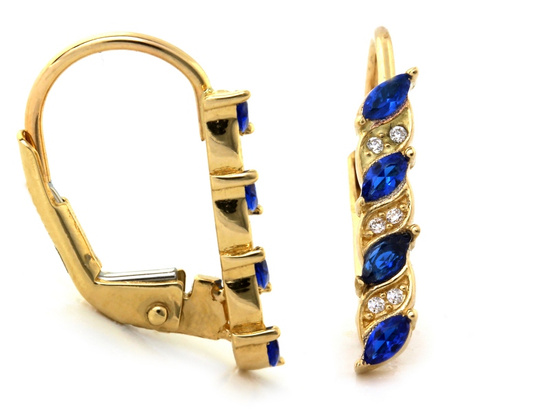 Kolczyki złote angielskie z niebieskimi i białymi kamieniami