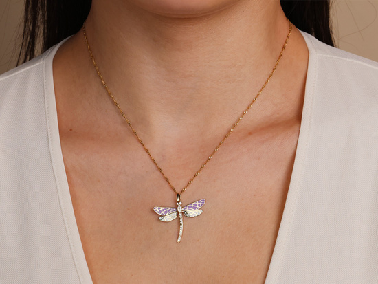 Zawieszka złota ważka z cyrkoniami z emaliowanymi skrzydłami