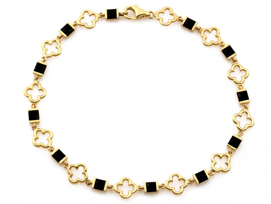 Bransoletka złota modny motyw kwiatek koniczynka czarne kamienie