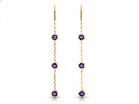 Złote kolczyki długie wiszące z fioletowymi cyrkoniami przeciągane